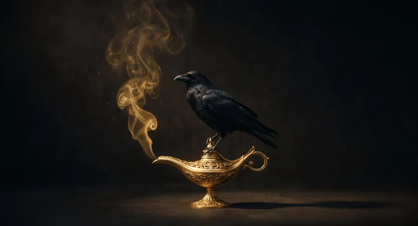 A black raven perched on an ornate gold lamp, gold smoke rising against a dark background
